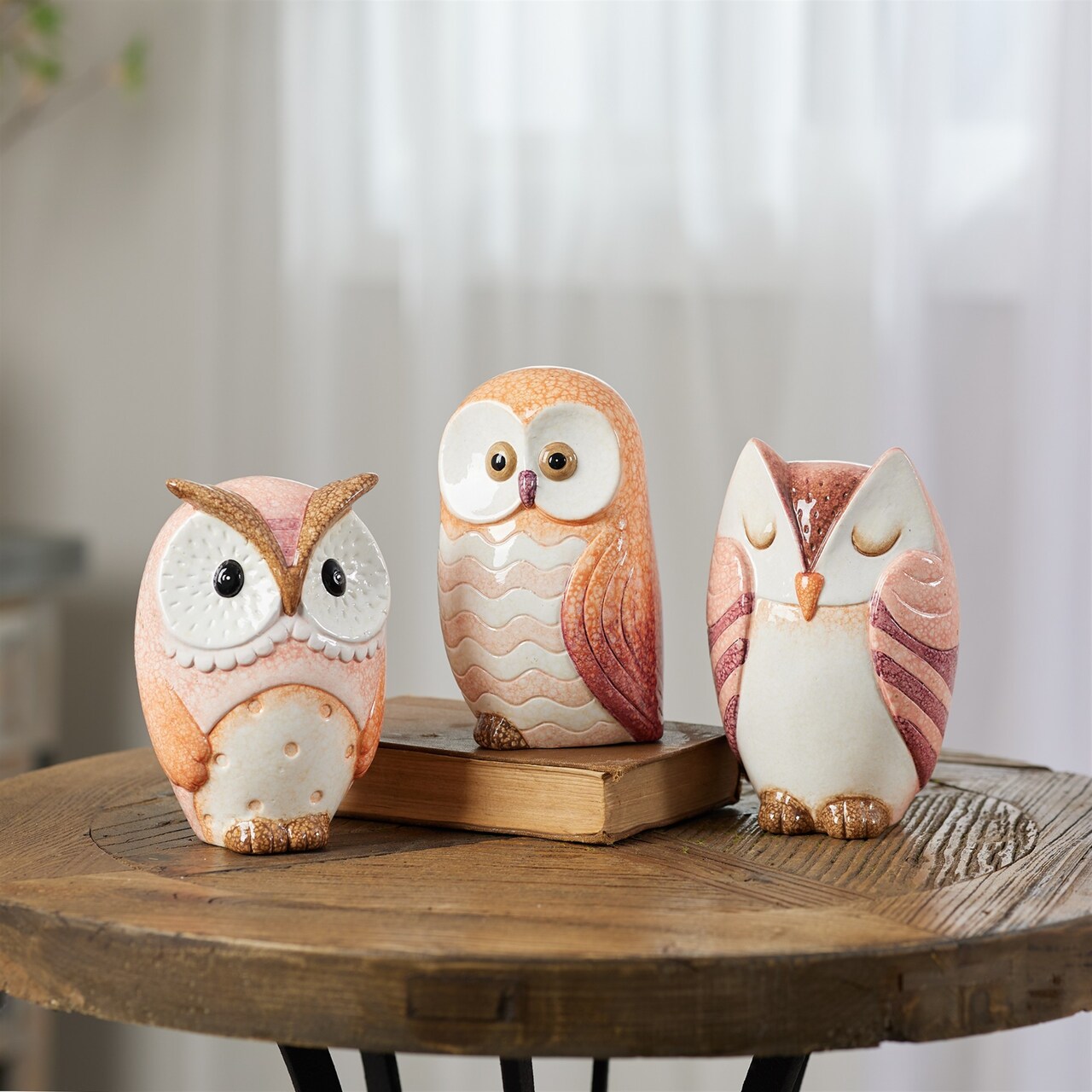 Melrose Terracotta Owl Figurines - 7.25" - Pink and Orange - Set of 3
